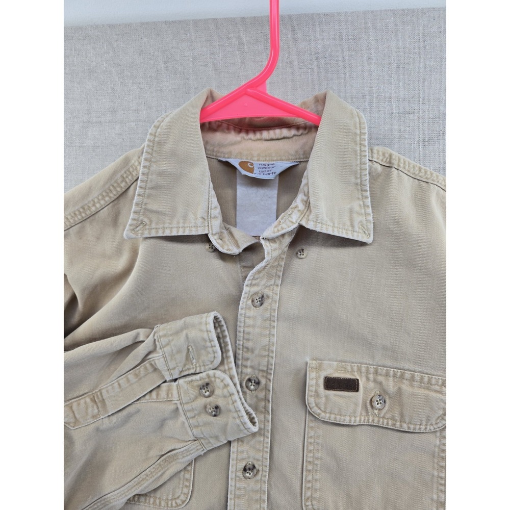 Vtg Carhartt Rugged Outdoor Wear S09 Oakman Twill Canvas Button Shirt XL Beige
